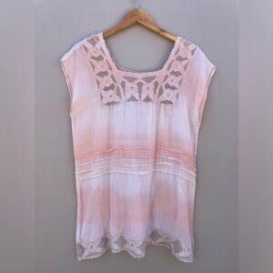 Free People Women's Peach Ombre Boho Crochet Lace Hippie Peasant Top Size M